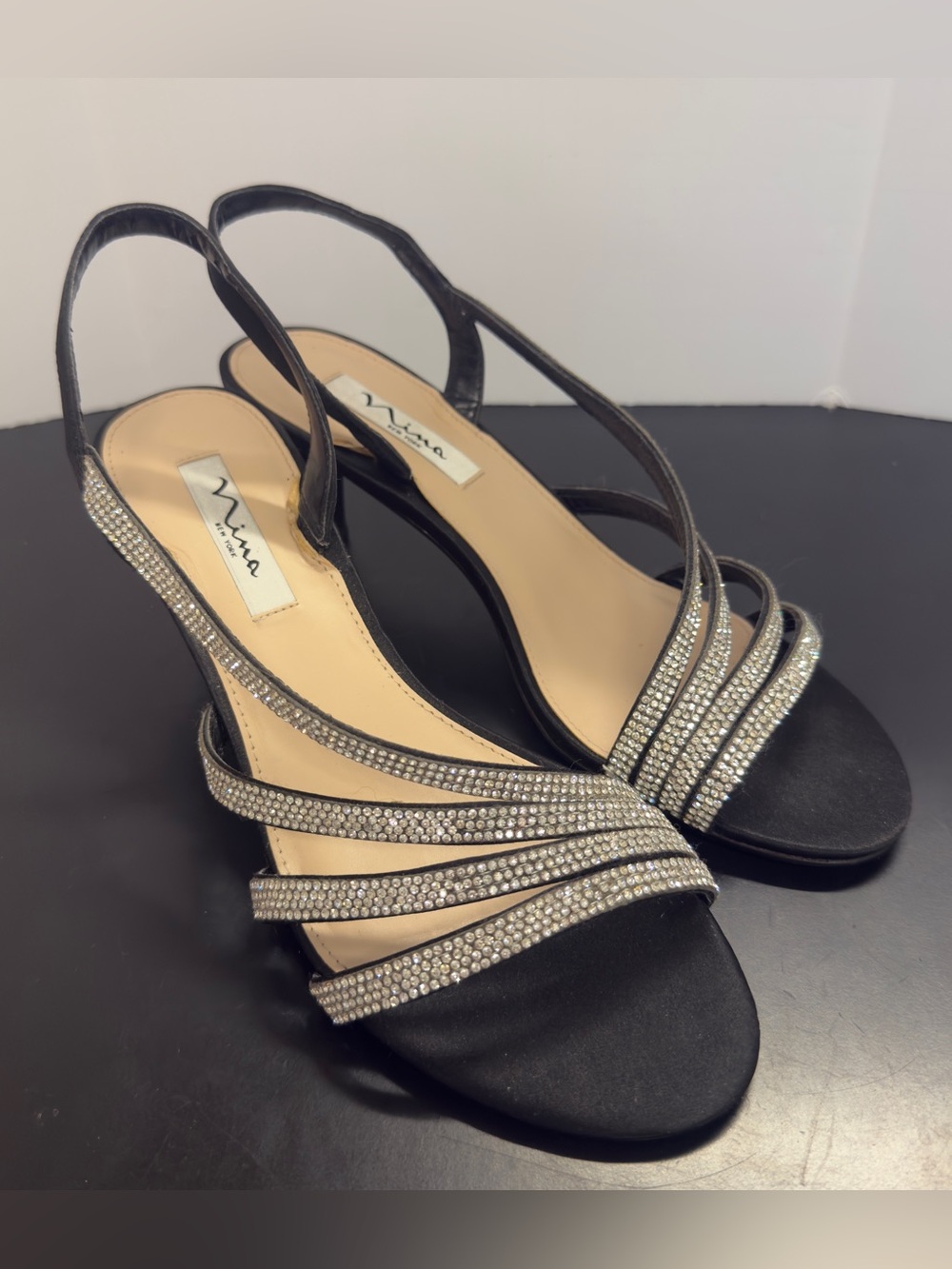 Nina Noura Black Luster Satin Rhinestone Slingback Heels Size 10